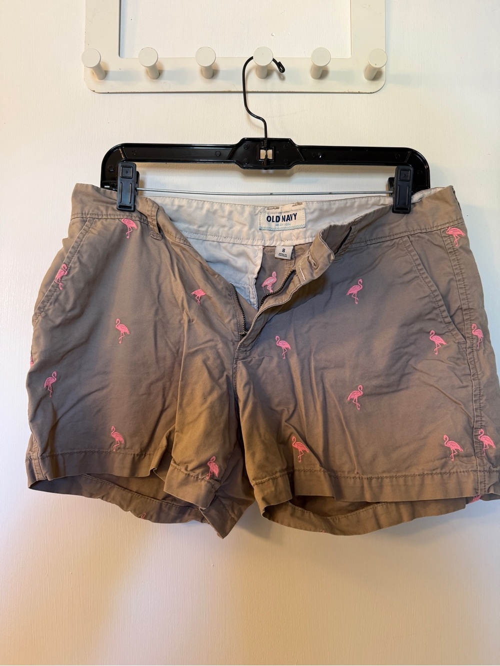 Old Navy Tan Women's Shorts with Pink Flamingo Embroidery